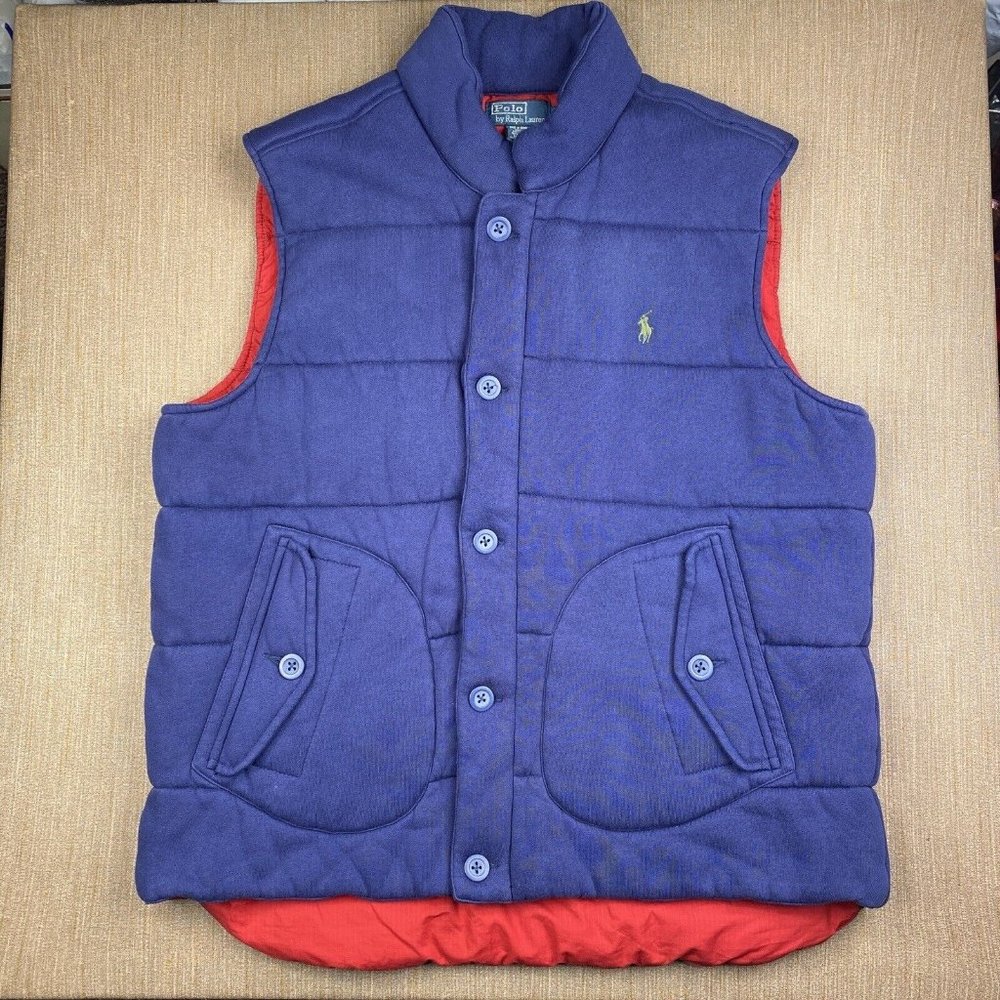 Polo Ralph Lauren Puffer Vest Red Lined Mens XXL Navy Snap Button Zip Quilted